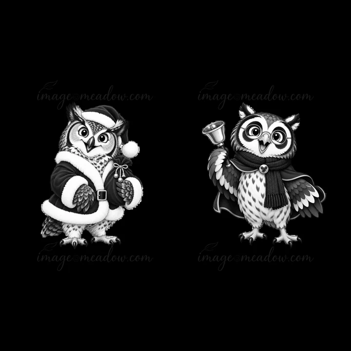 Two cartoon owls in Christmas attire are seen. One owl wears a Santa hat and a coat while holding a gift, and the other wears a scarf and holds a bell. These il