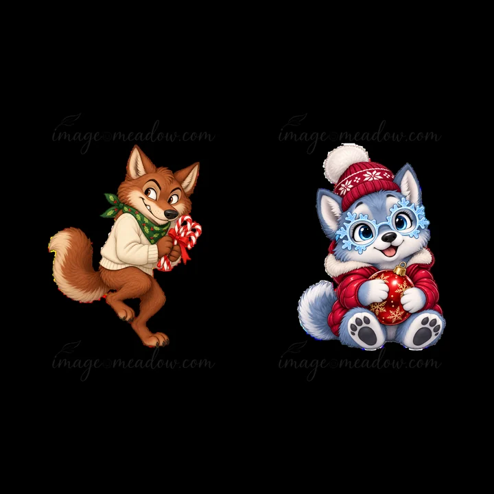 Two cartoon wolves celebrate Christmas. One wolf holds a candy cane and wears a scarf while the other wolf sits with a gift ornament and a cozy sweater, showing
