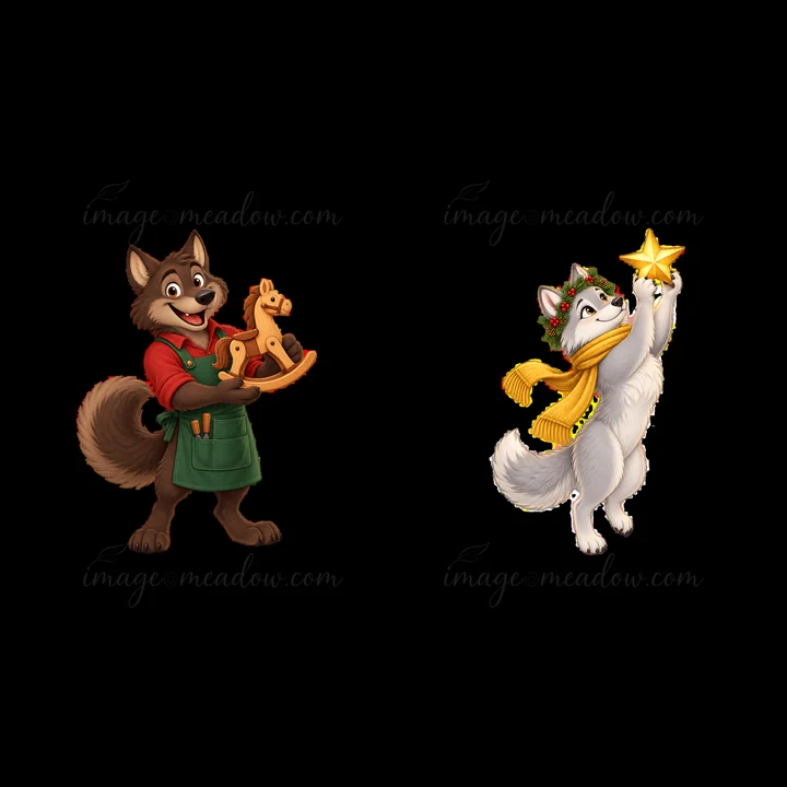 Two cartoon wolf characters celebrate Christmas. One wolf holds wooden toys and wears a green apron while the other wears a scarf and holds a star. Their cheerf