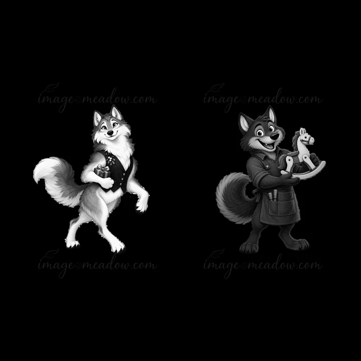 Two cartoon wolves celebrate Christmas. One wolf carries a small Christmas tree and a gift. The other wolf holds ornaments and a string of lights, showcasing ho