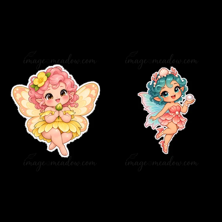 Two chubby kawaii fairies are featured side by side. One fairy has pink hair and yellow wings, holding a flower, while the other has blue hair and green wings,