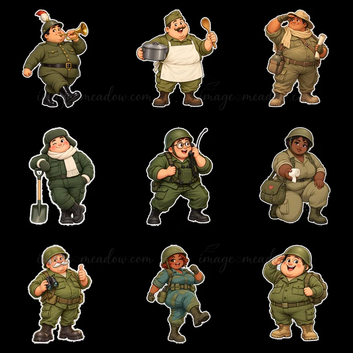This illustration features nine cute, ultra-chubby soldier characters in various poses. Each character displays unique accessories, like tools and instruments,