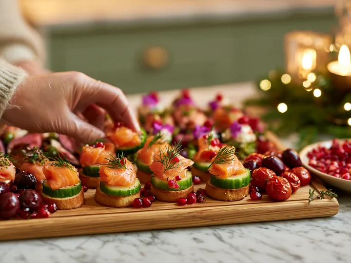 Colorful appetizers are arranged on a wooden serving board.