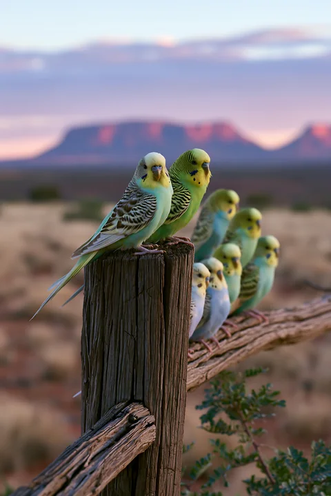 Colorful budgerigars perch on a weathered wooden post and branch in a desert landscape.