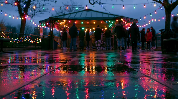Colorful Christmas lights reflect across wet pavement outside a market pavilion at dusk.