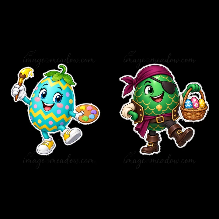 Two cartoon Easter egg characters are having fun. One character is painting colorful patterns while the other, dressed as a pirate, carries a basket filled with