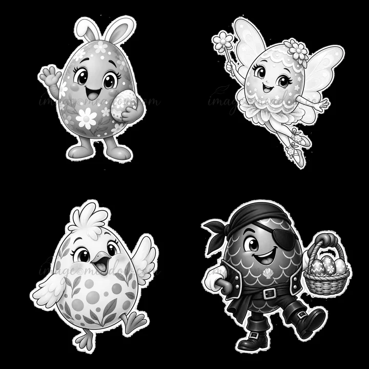 Four cartoon stickers feature unique Easter egg characters. A bunny with an egg, a fairy, a chick, and a pirate carry various themed accessories. They are arran