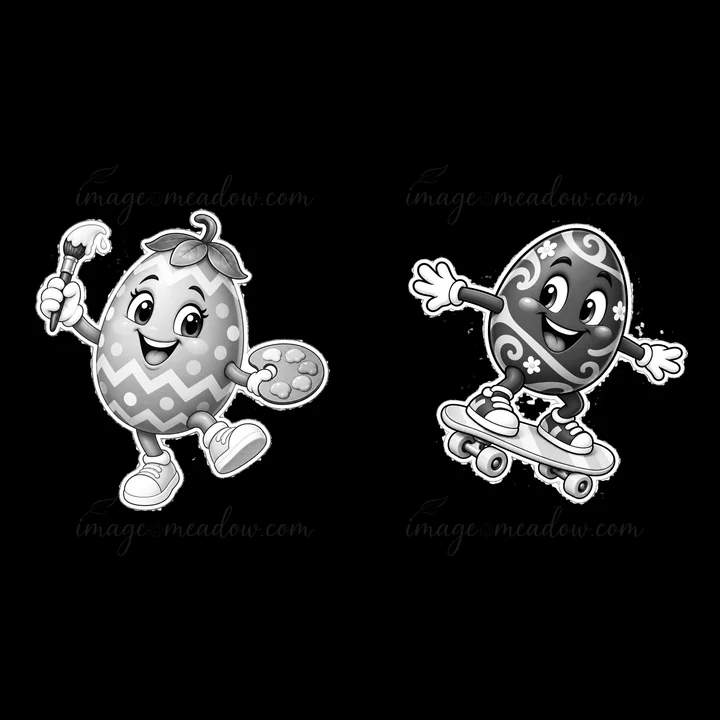 Two cartoon Easter eggs are sharing fun activities. One is holding a paintbrush and palette, while the other is skateboarding. Both display joyful expressions,