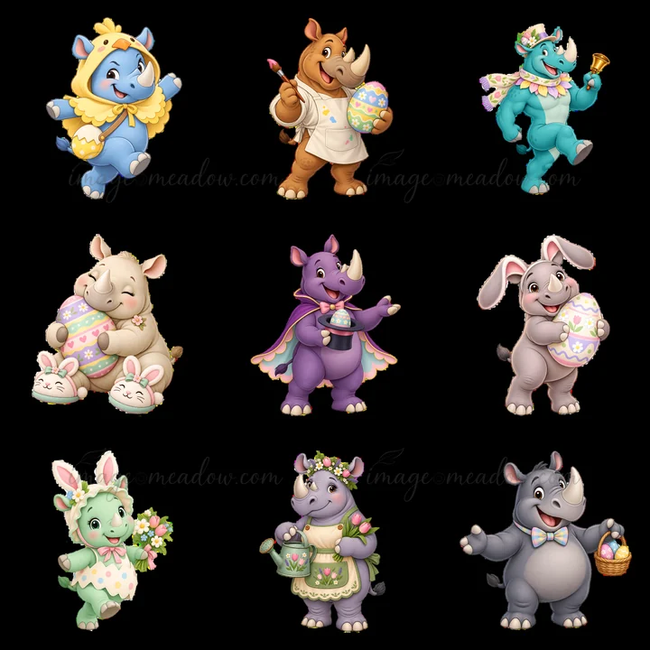 A grid of nine cartoon rhinos and their animal friends celebrating Easter. Each character holds or interacts with colorful eggs, flowers, and festive items in a