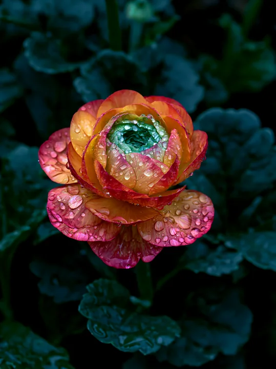 Colorful rain-covered flower with rainbow petals against dark foliage