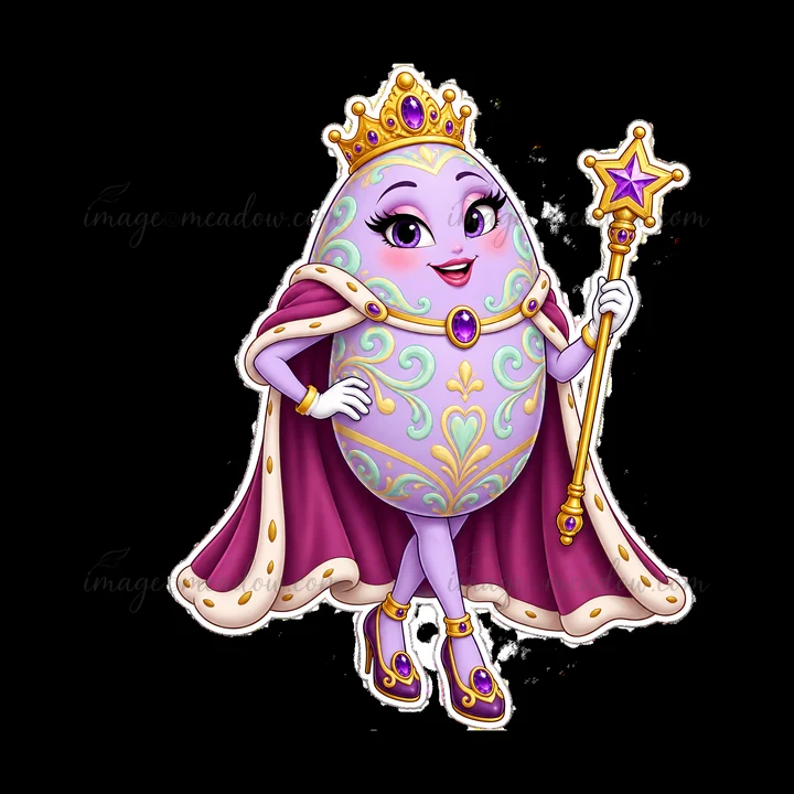 A purple Easter egg dressed as a queen stands confidently, holding a scepter. The egg features decorative patterns. It wears high heels and a royal cloak, creating a festive and whimsical look for Easter.