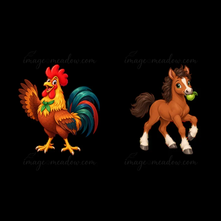 A vibrant rooster stands with wings outstretched. Next to it, a young horse trots playfully while munching on an apple. Both cartoon characters bring energy to