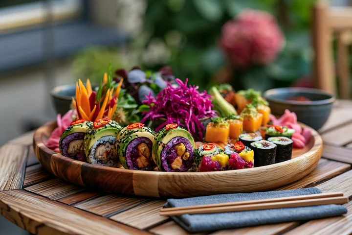 Colorful vegan sushi rolls and vegetables arranged on a wooden platter with chopsticks and dipping sauce.
