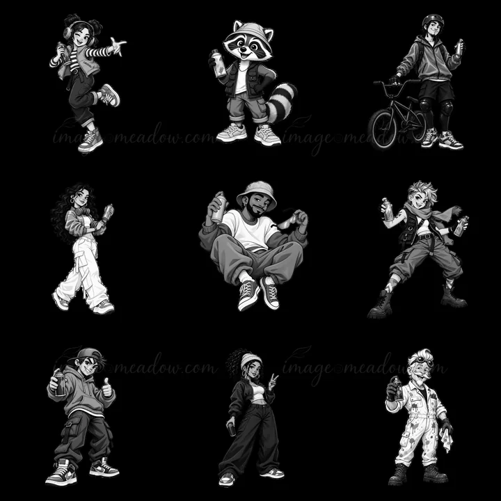 A collection of nine cartoon characters involved in graffiti art. Each character has a unique style and holds spray paint cans, showcasing diverse poses and exp