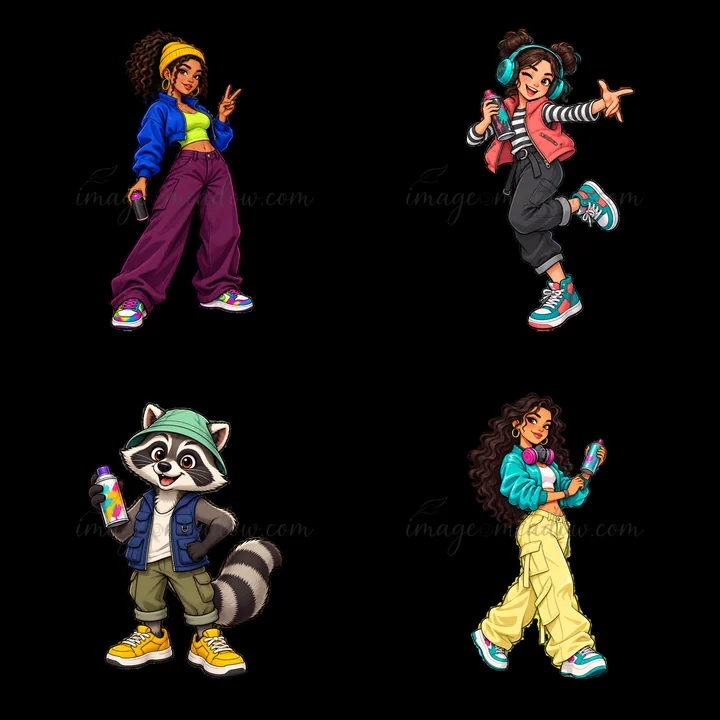 Four cartoon characters showcase urban fashion with vibrant clothing and spray paint cans. They stand in a 2x2 layout, highlighting their playful poses and uniq