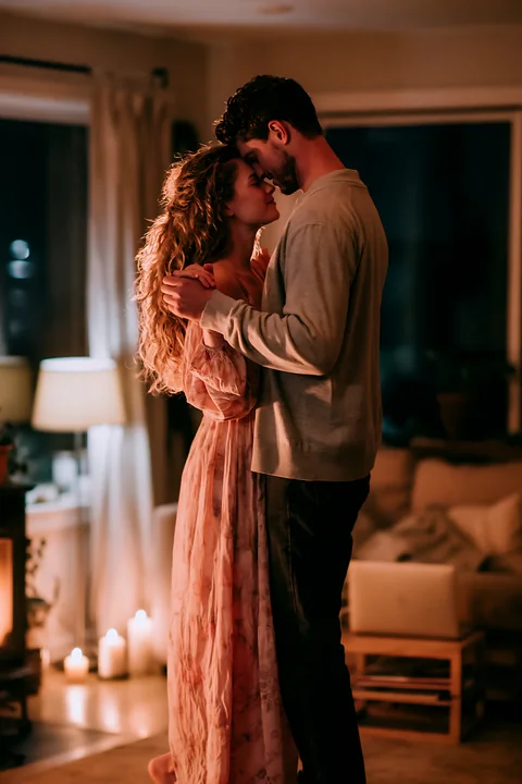 Couple embraces while dancing barefoot in a warmly lit living room surrounded by candles.
