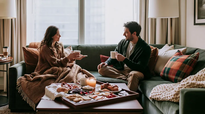 Couple holding hot drinks while relaxing on a festive sofa with blankets and pillows in a warm living room.