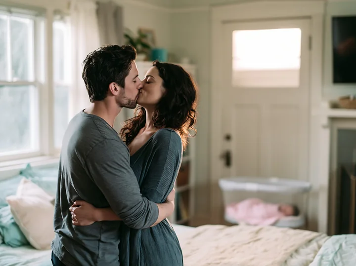 Couple kisses and embraces in a bright bedroom beside a neatly made bed.