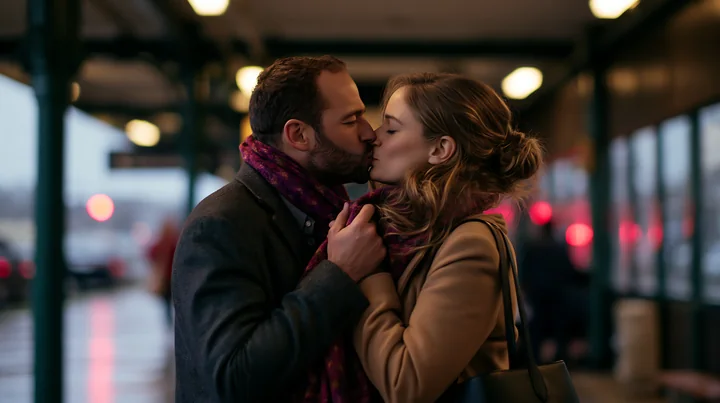 Couple kisses in a softly lit urban transit station while wearing coats and scarves.
