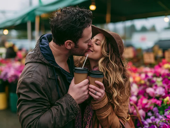Couple kisses while holding two coffee cups at an outdoor flower market.