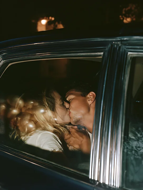 Couple kissing inside a vintage car at night, seen through a window with reflective chrome trim.