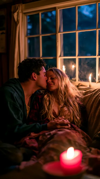 Couple shares an affectionate kiss under a blanket beside candlelight and a window at night.