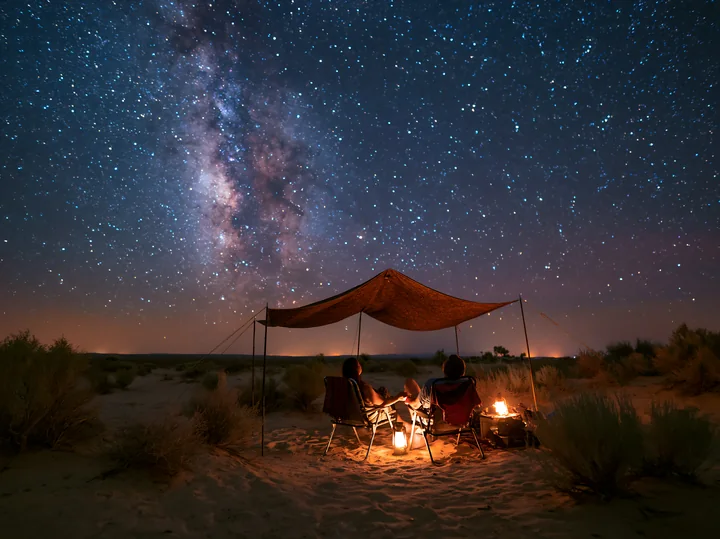 Couple sits beneath a canopy in the desert beside lanterns and a campfire under a star-filled sky.