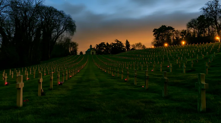 Crosses lined in rows mark a military cemetery at night, with candles illuminating the graves.