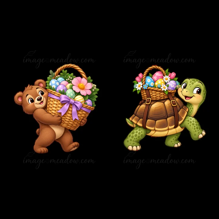 A bear carries a basket filled with colorful Easter eggs and flowers while a turtle walks beside it, both appear happy. The scene captures a playful Easter them