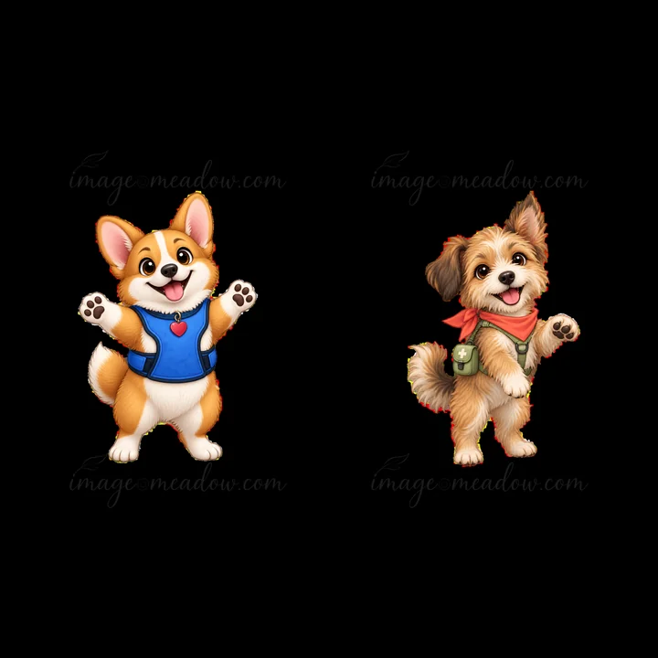 Two cartoon dogs are standing side by side. One dog is a corgi wearing a blue vest and the other is a small dog with brown and white fur wearing a green bag. Bo
