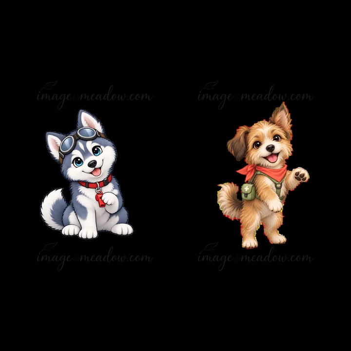 Two cartoon dogs are illustrated in a playful manner. One is a gray and white husky with goggles and a red collar. The other is a small brown dog wearing a gree