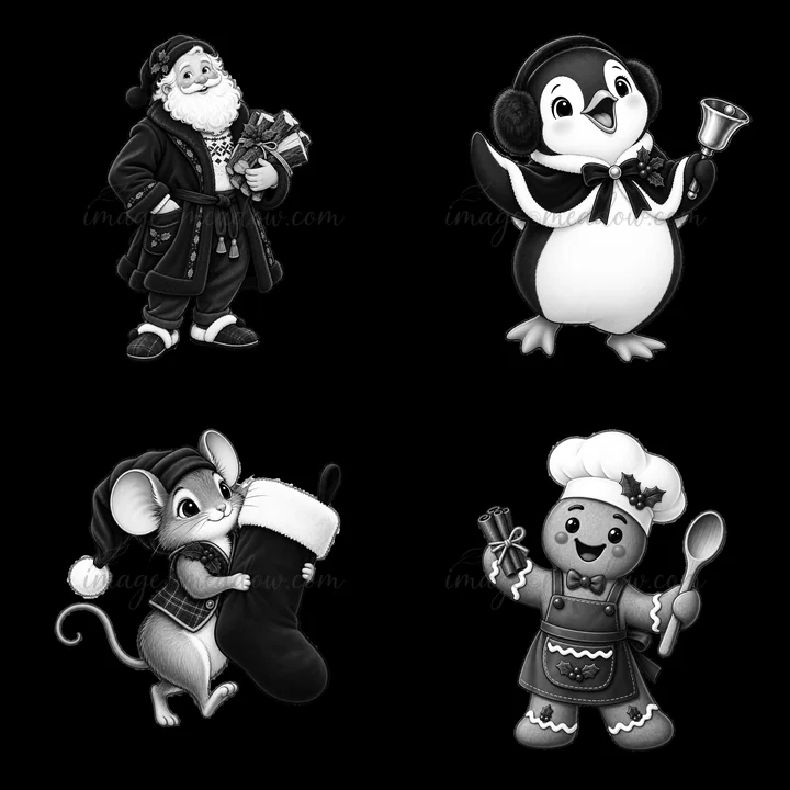 Four cartoon characters celebrate Christmas. Santa carries gifts. A penguin wears earmuffs and holds a bell. A mouse holds a stocking. A gingerbread chef holds