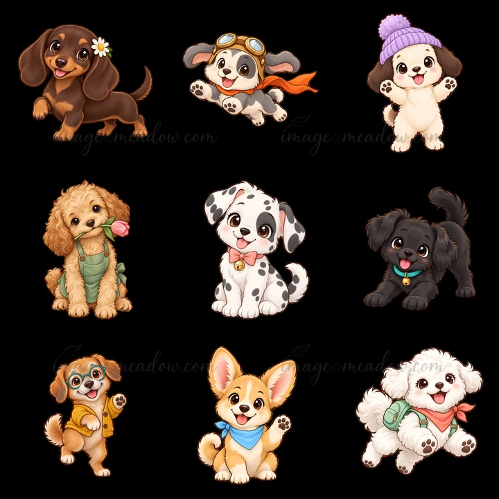Nine cartoon dogs in a 3x3 layout. Each dog has a unique appearance and expression, wearing different accessories, such as hats and scarves. The dogs are in pla