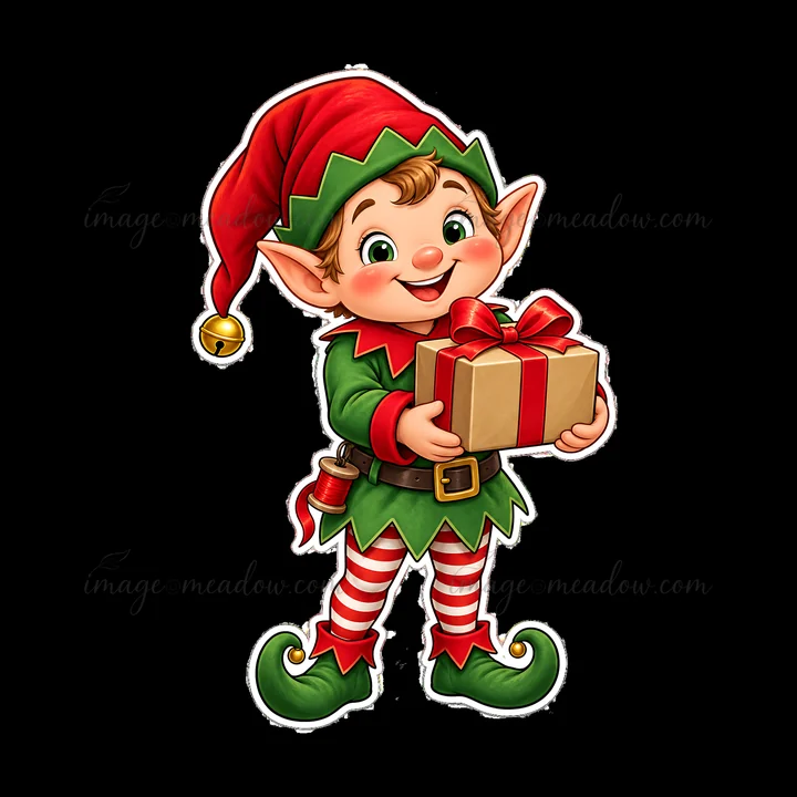 A cheerful elf stands while holding a wrapped gift box with a red ribbon. The elf wears a red and green outfit with striped leggings and a festive hat. This sce