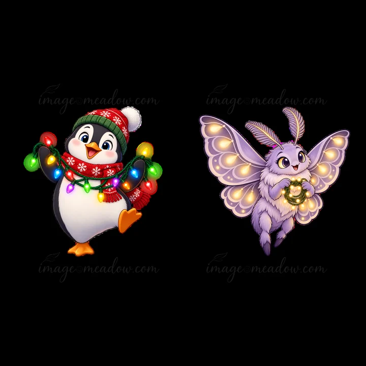 A cheerful penguin wearing a red hat decorated with white snowflakes holds colorful string lights. Beside it, a purple moth with glowing wings flutters, adding