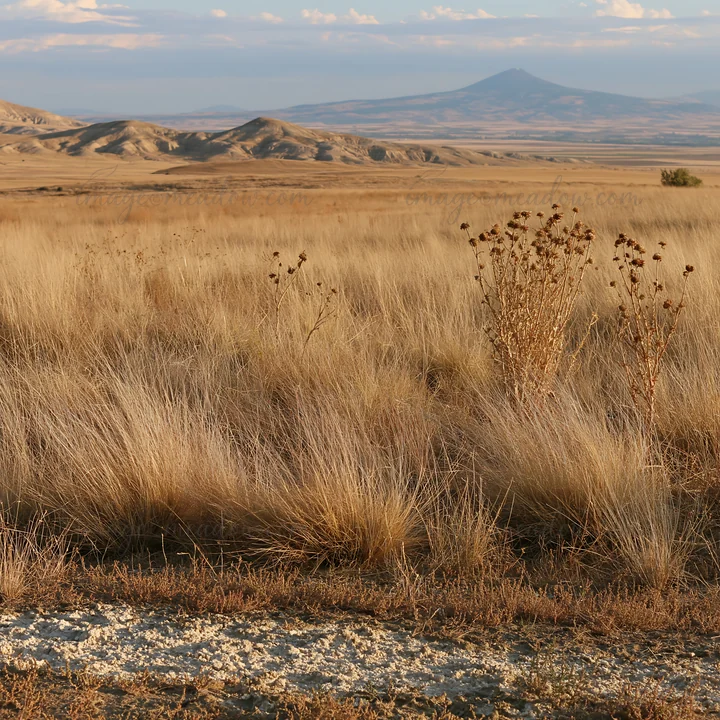 A dry landscape features a drought-tolerant meadow with tall grass. In the background, rolling hills and mountains stretch under a clear sky. The area appears a