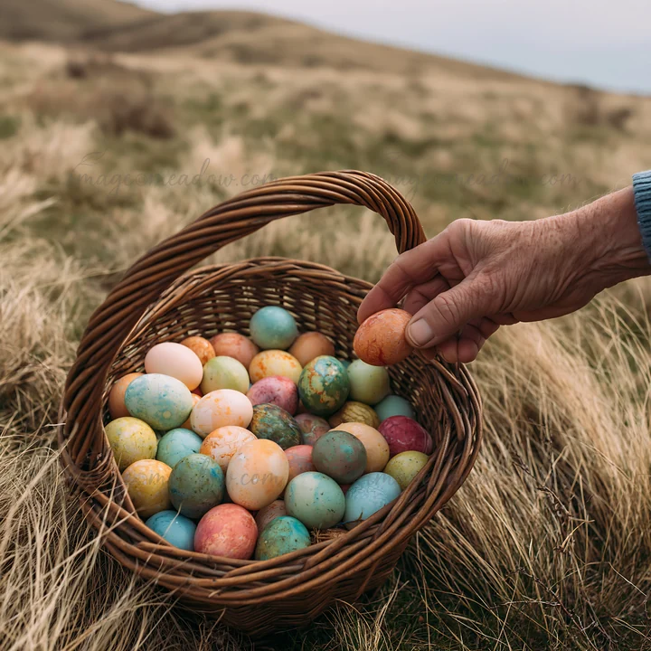 A hand holds a colorful egg above a basket filled with many decorated eggs. The scene is set in a mountain meadow with tall grass, showing a festive atmosphere