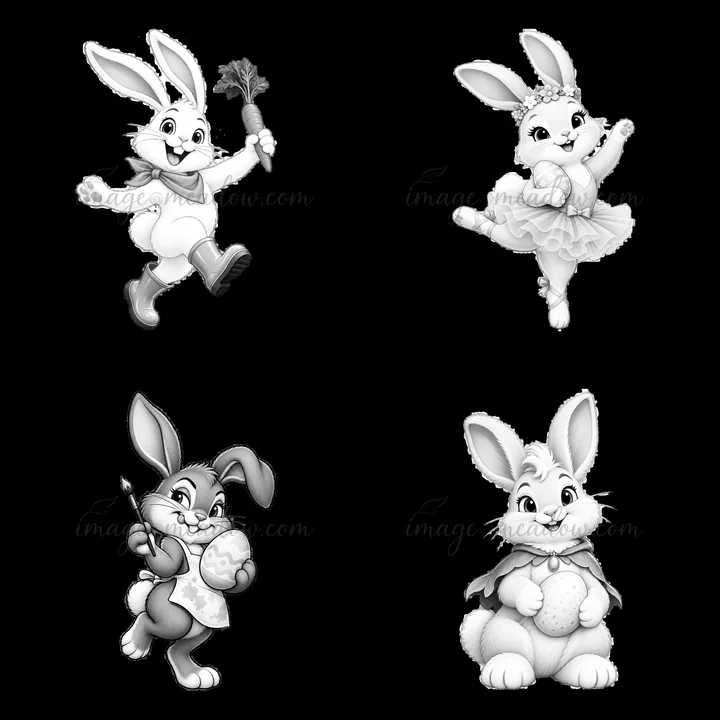 Four playful Easter bunnies are portrayed in a grid. One bunny holds a carrot, another dances, the third paints, and the fourth wears a cape. They display diffe