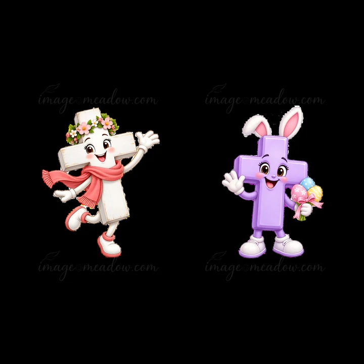 Two cartoon crosses are smiling and celebrating Easter. One cross has a floral headband and the other wears bunny ears, holding colorful candy. They embody fest