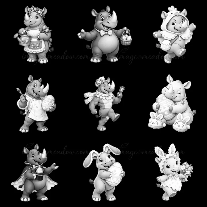 Nine cartoon characters are shown in a 3x3 grid. Various rhinos and a bunny celebrate Easter with baskets, eggs, and festive outfits. Each character displays un