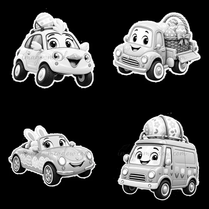 Four cartoon cars celebrate Easter with playful designs. Each car features unique elements like bunnies, eggs, and baskets, creating a festive atmosphere. Suita