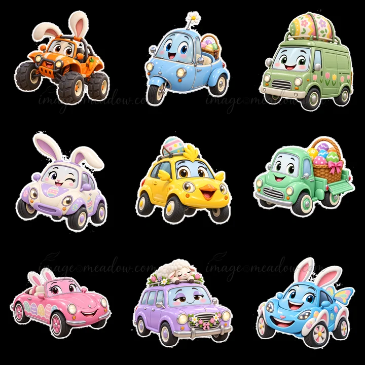 Nine cartoon vehicles and animals are arranged in a grid for Easter. Each character has Easter eggs or themed accessories. The colors include pastels like pink,