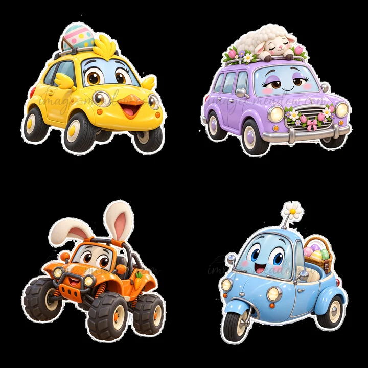 Four cartoon cars are styled for Easter. A yellow car has a chick, a purple car features sheep, an orange off-road vehicle has bunny ears, and a blue car is fil