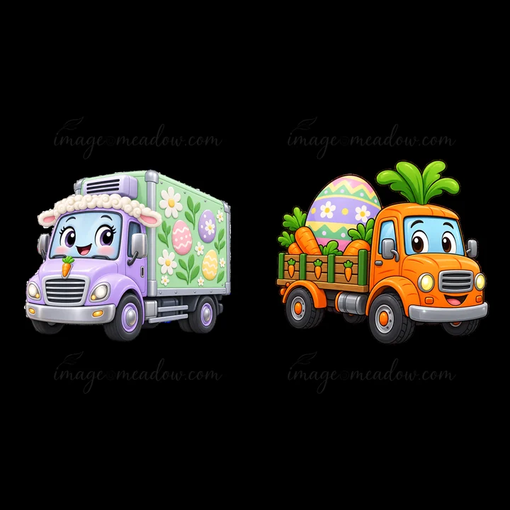 Two cartoon trucks are featured, one is purple with a lamb design, while the other is orange with a wooden cart holding a large decorated egg and carrots. Both