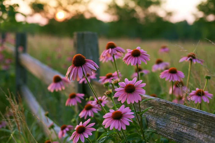 Echinacea flowers in prairie grow alongside a wooden fence as the sun sets, illuminating the field.