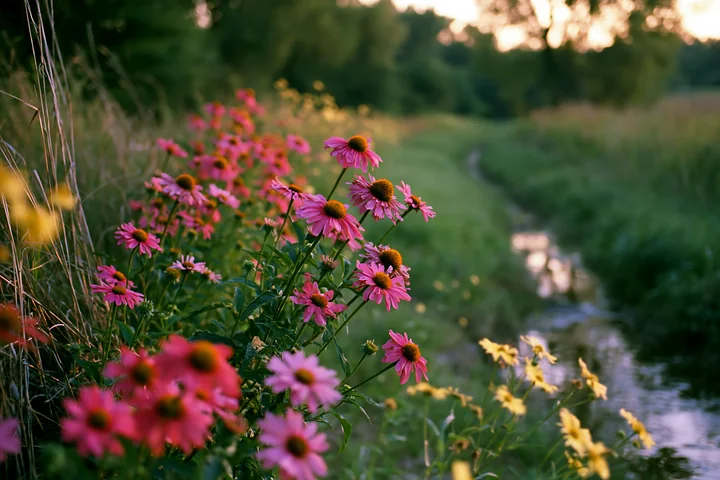 Echinacea flowers in prairie line a narrow path beside a small stream at sunset.