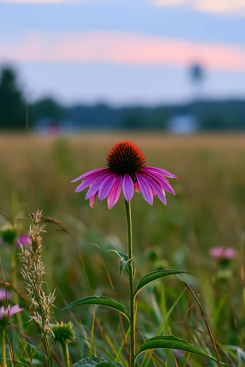 Echinacea flowers stand tall in a prairie as the sun sets in the background.