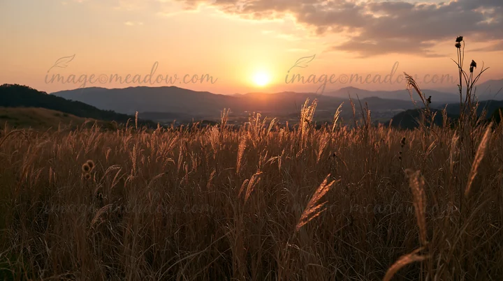 A view of a meadow in Ehime during twilight. The sun sets behind distant mountains, casting warm light over dried seedheads in the field. The scene captures the