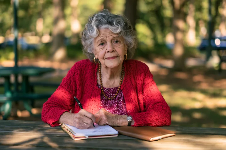 Elderly woman with Alzheimer's writing reminders in a notebook sits at a park table under trees.