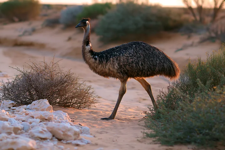 Emu walking across sandy outback terrain among shrubs and pale rocks in warm evening light.